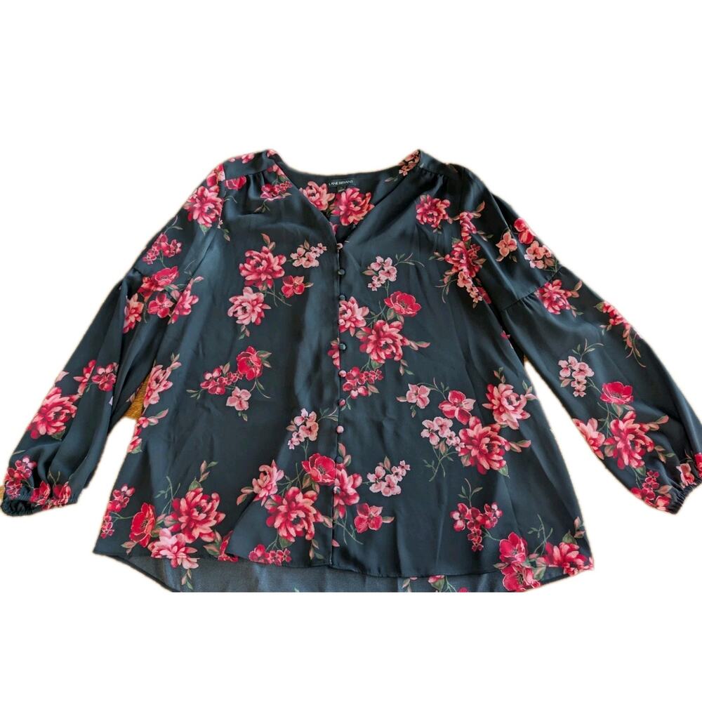 Lane Bryant Black Pink Floral Print v neck Top Shirt Blouse Plus Size 14 XL EUC